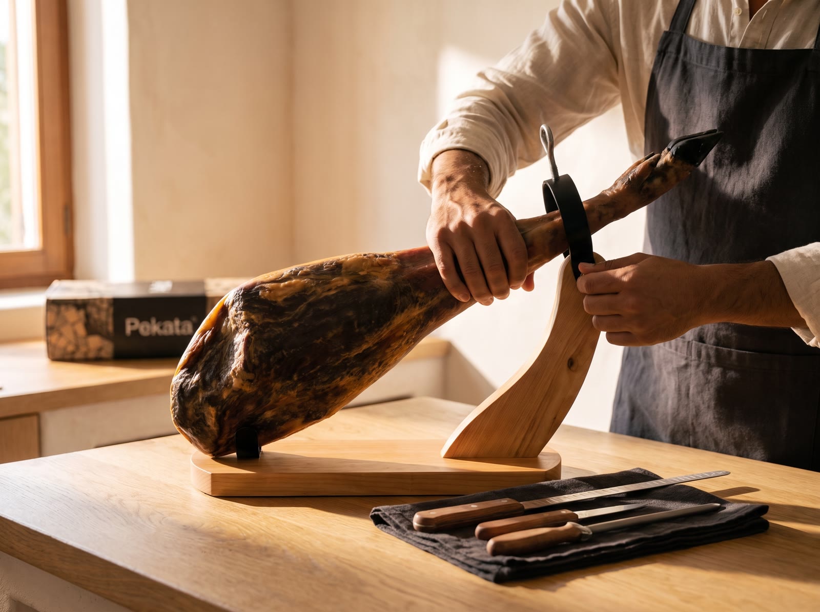 Hands fixing the ham to the stand's clamp
