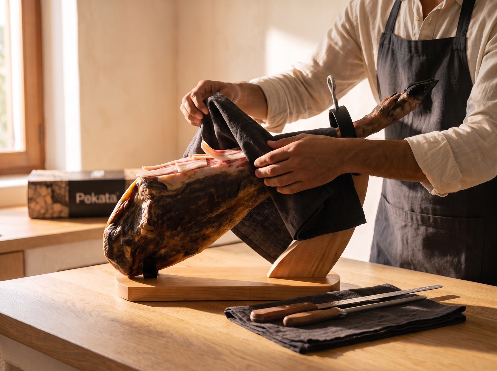 Covering the cut surface of the ham with fat and a cotton cloth