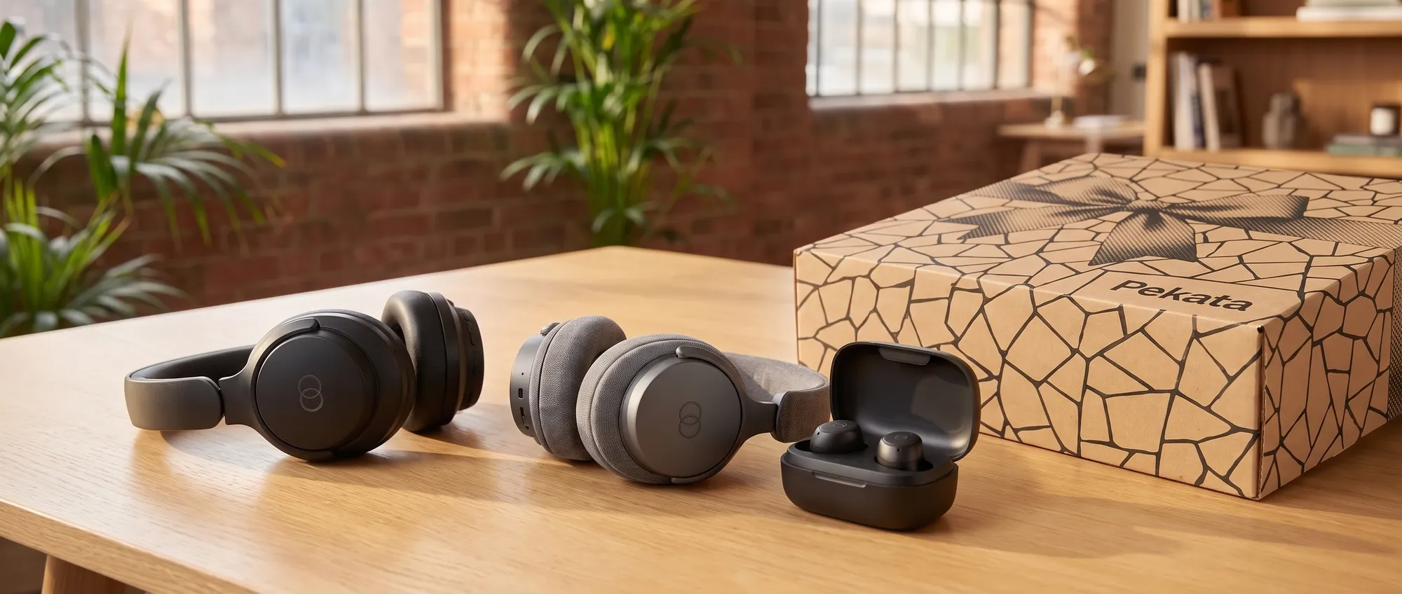 Wireless headphones with a charging case customised with a company's logo