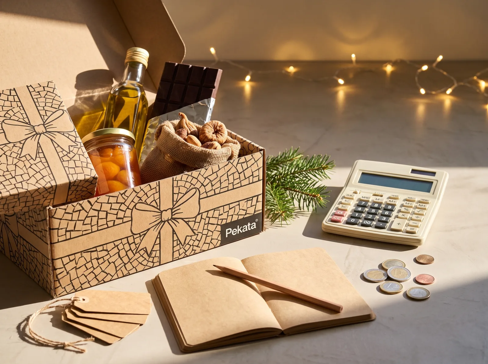 Boîte de colis de Noël Pekata ouverte à côté d'une calculatrice, d'un carnet et d'étiquettes de prix vierges