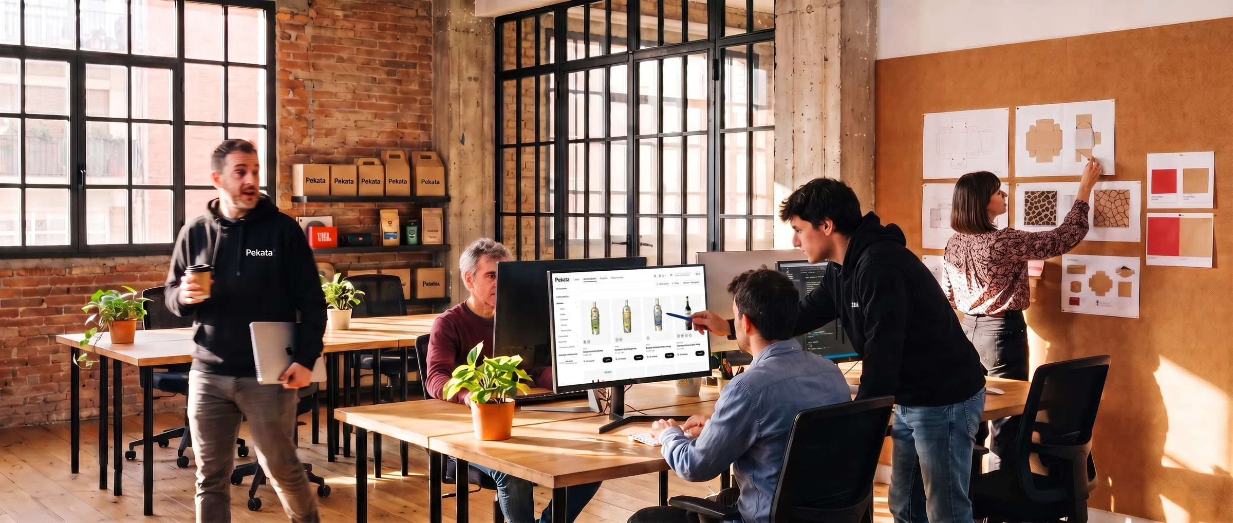 L'équipe Pekata au travail au bureau, le portail de sélection à l'écran