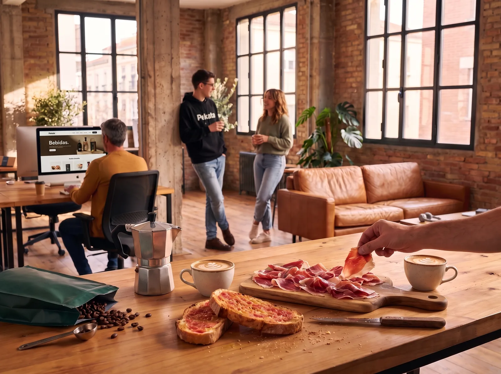 Petit-déjeuner de jambon, pain à la tomate et café sur la table du bureau, avec le portail Pekata sur un écran derrière