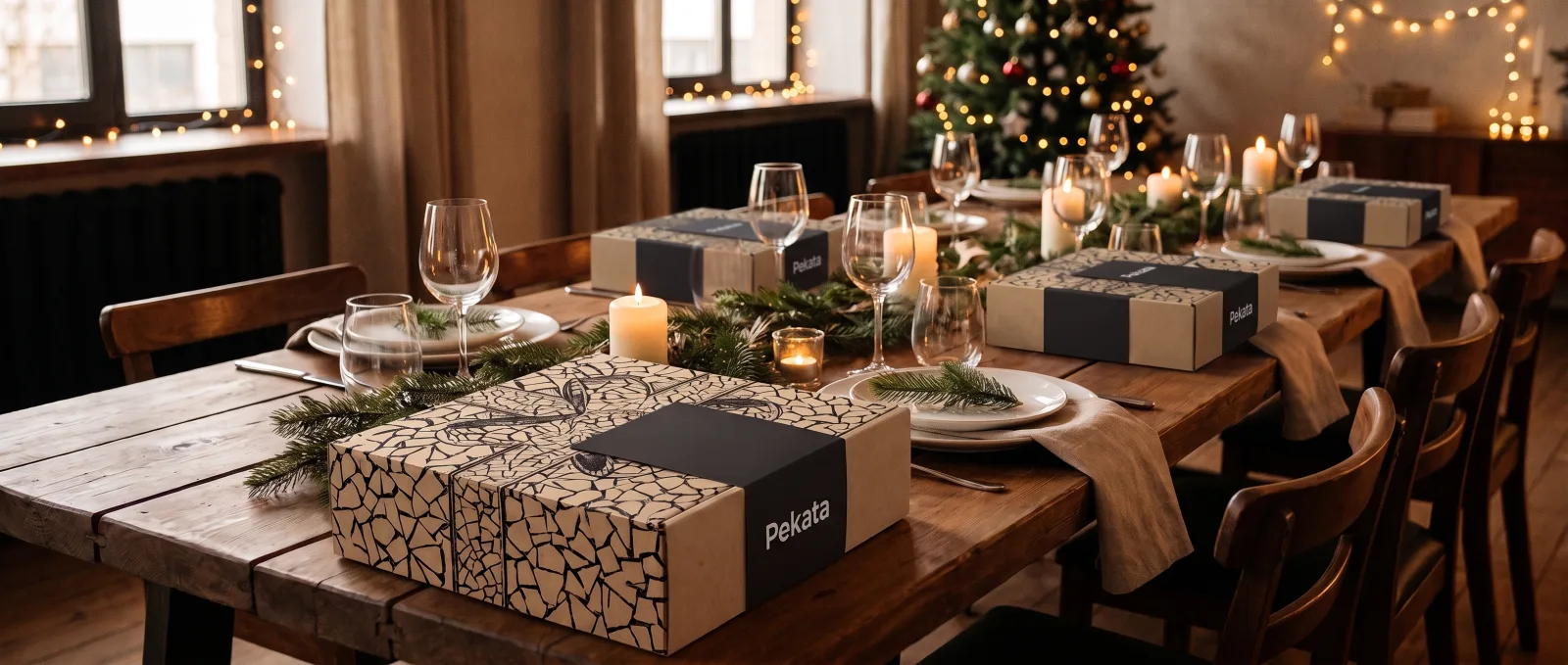 Longue table préparée pour un dîner de Noël d'entreprise avec une boîte Pekata à chaque place