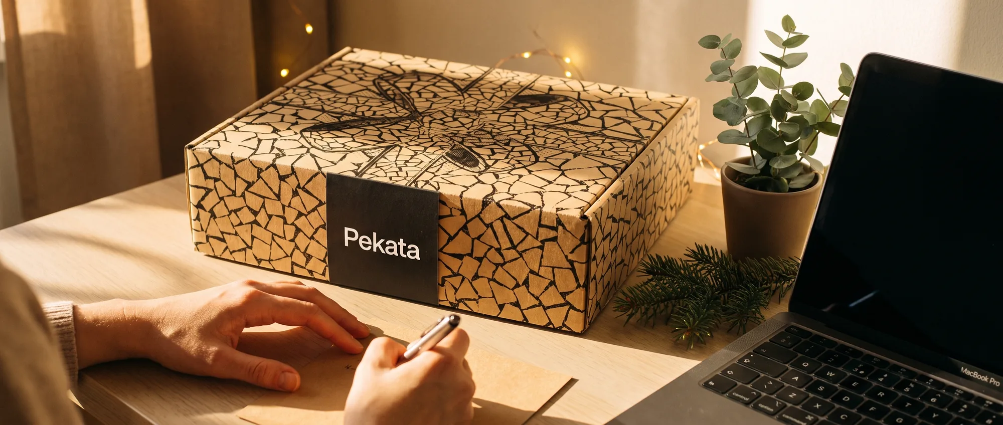 Mains écrivant une carte kraft à côté d'une boîte de Noël Pekata fermée sur un bureau