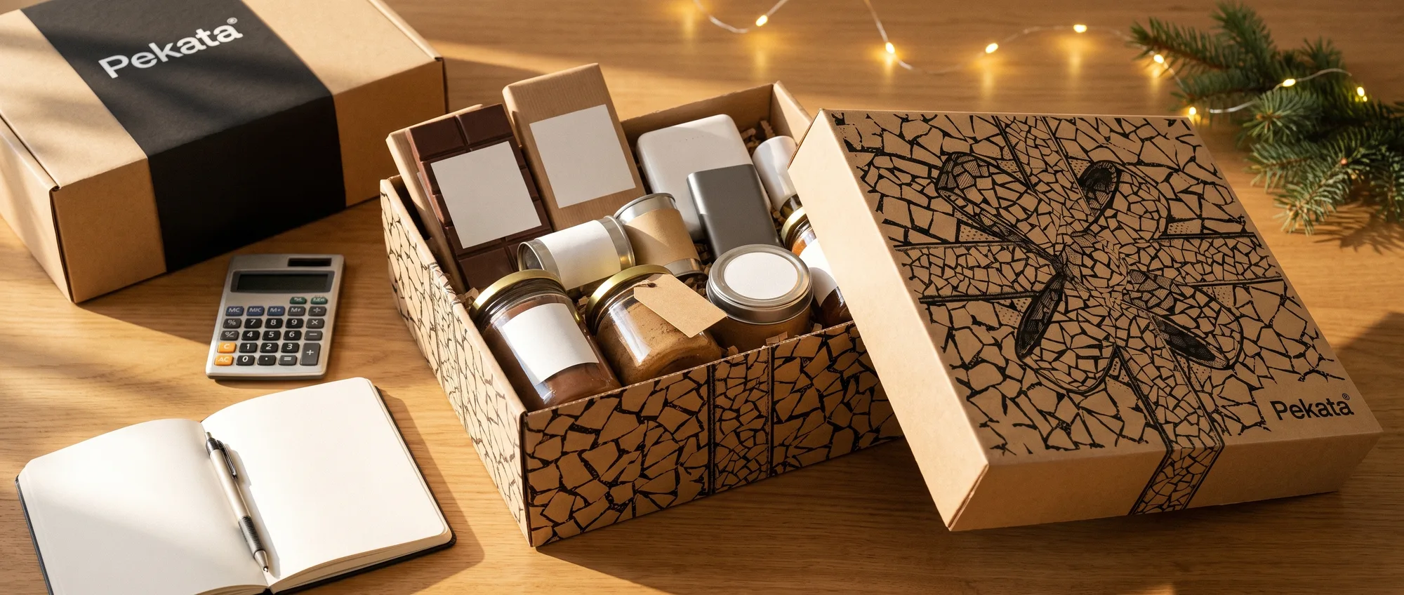 Boîte de colis de Noël Pekata ouverte à côté d'une calculatrice et d'un carnet sur un bureau en bois