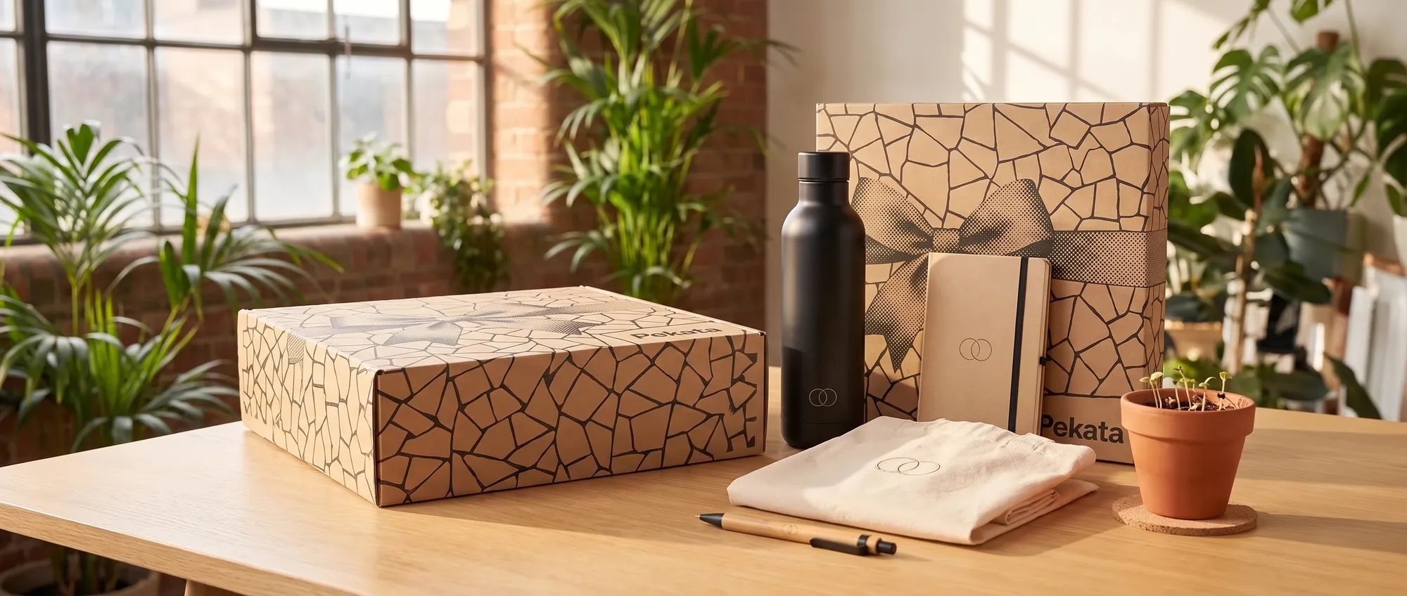 Merchandising durable avec le même logo — bouteille en acier, carnet recyclé, tote en coton bio, stylo en bambou et pot avec graines — à côté d'une boîte Pekata