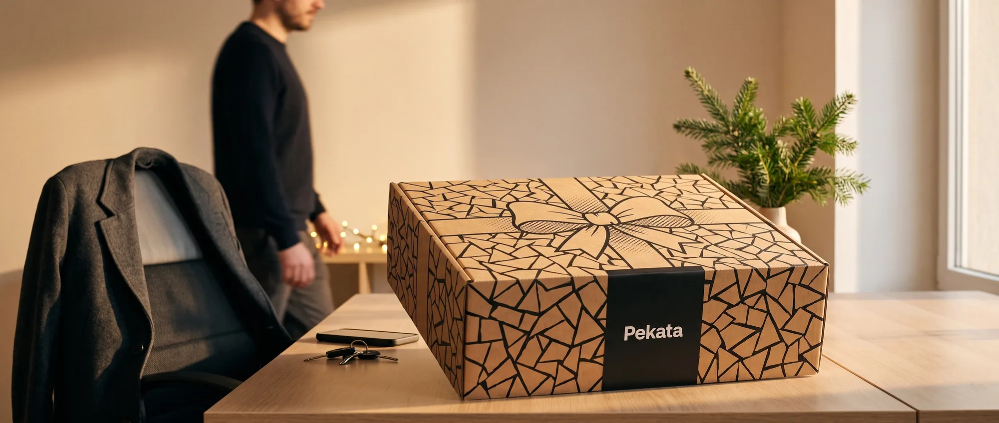 Boîte de Noël Pekata kraft avec motif trencadís sur un bureau de bureau éclairé par la lumière d'hiver