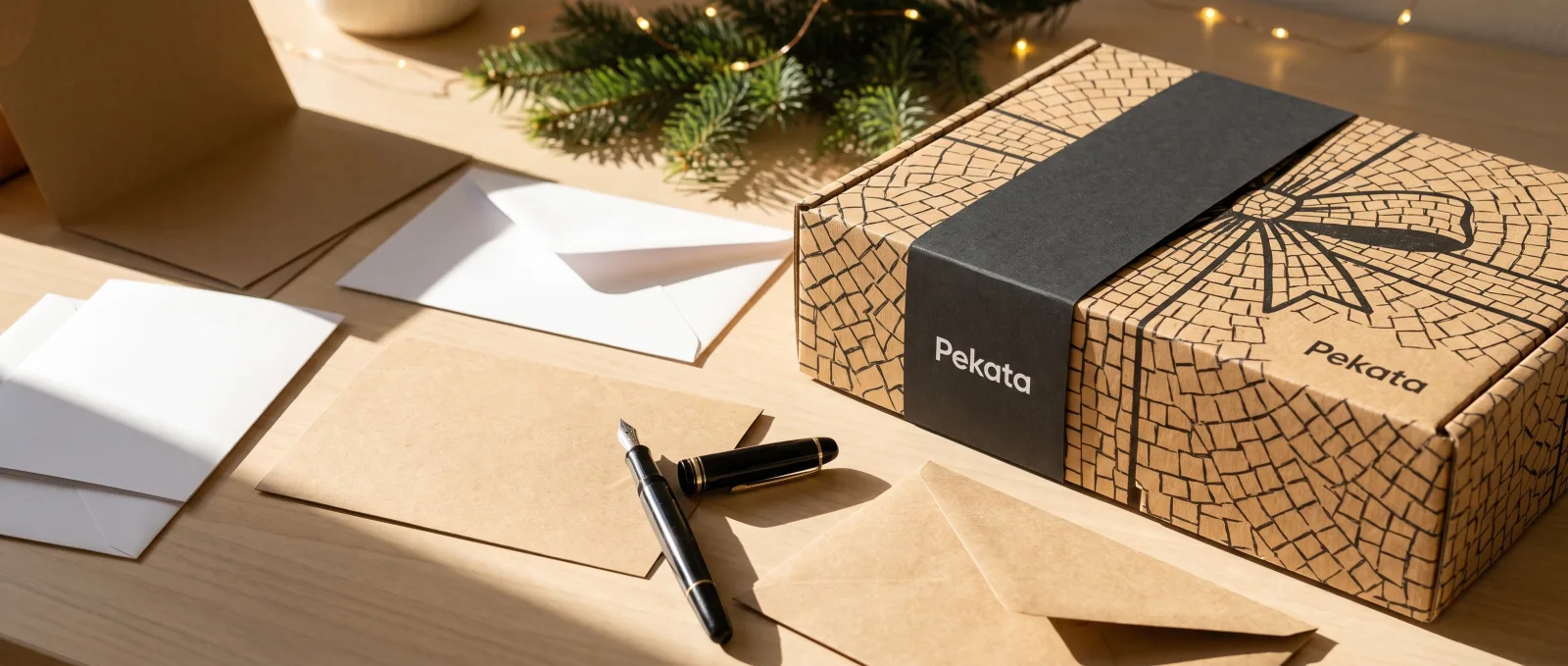 Blank kraft cards and a pen next to a Pekata Christmas box, ready for your dedication