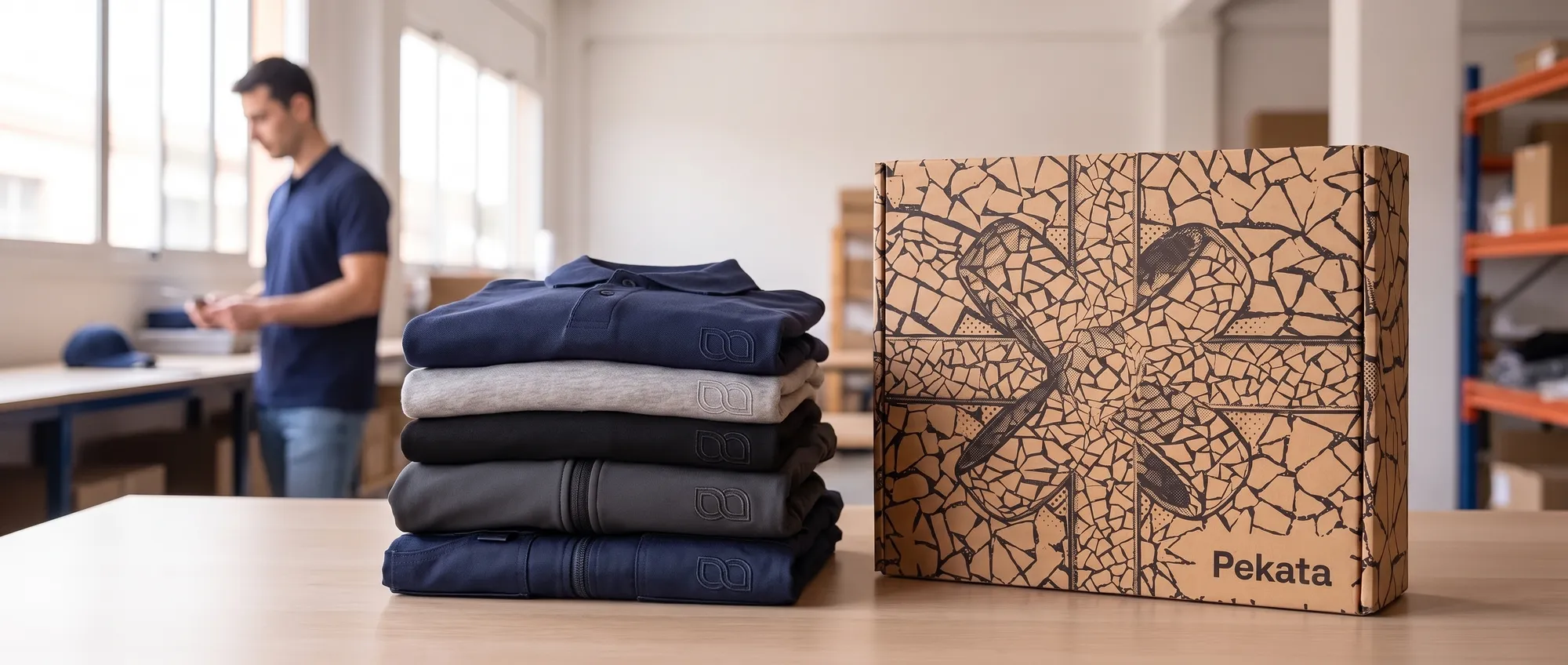 Polo shirts, technical t-shirts, softshell jacket and work vest with embroidered logo on a warehouse bench, next to a Pekata box