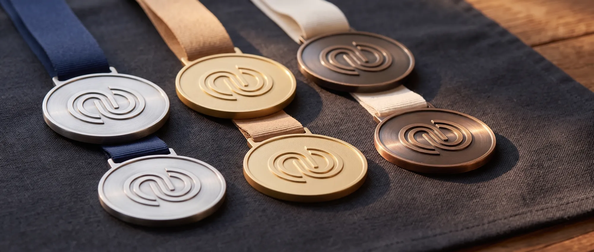 Custom zamak, acrylic and wooden medals with a company's logo and sublimated ribbon