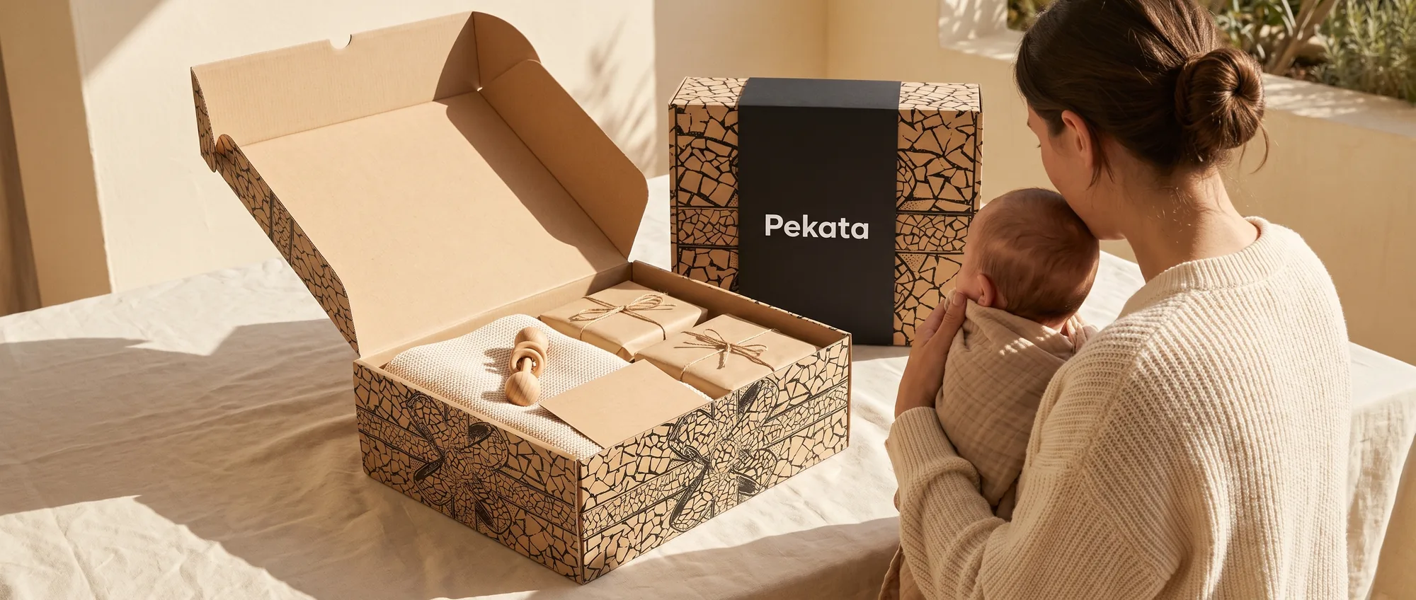 Boîte Pekata ouverte avec une couverture en tricot, un jouet en bois et une carte kraft sur une surface en lin