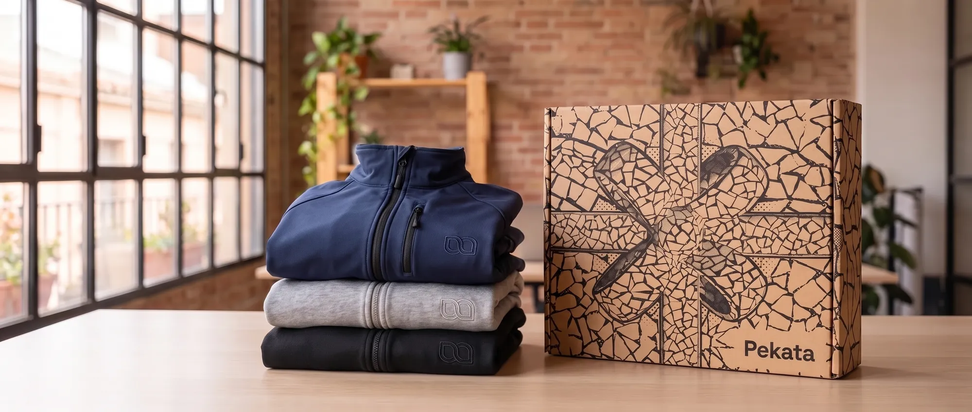 Navy corporate fleece with embroidered logo on the left chest, folded next to a grey softshell
