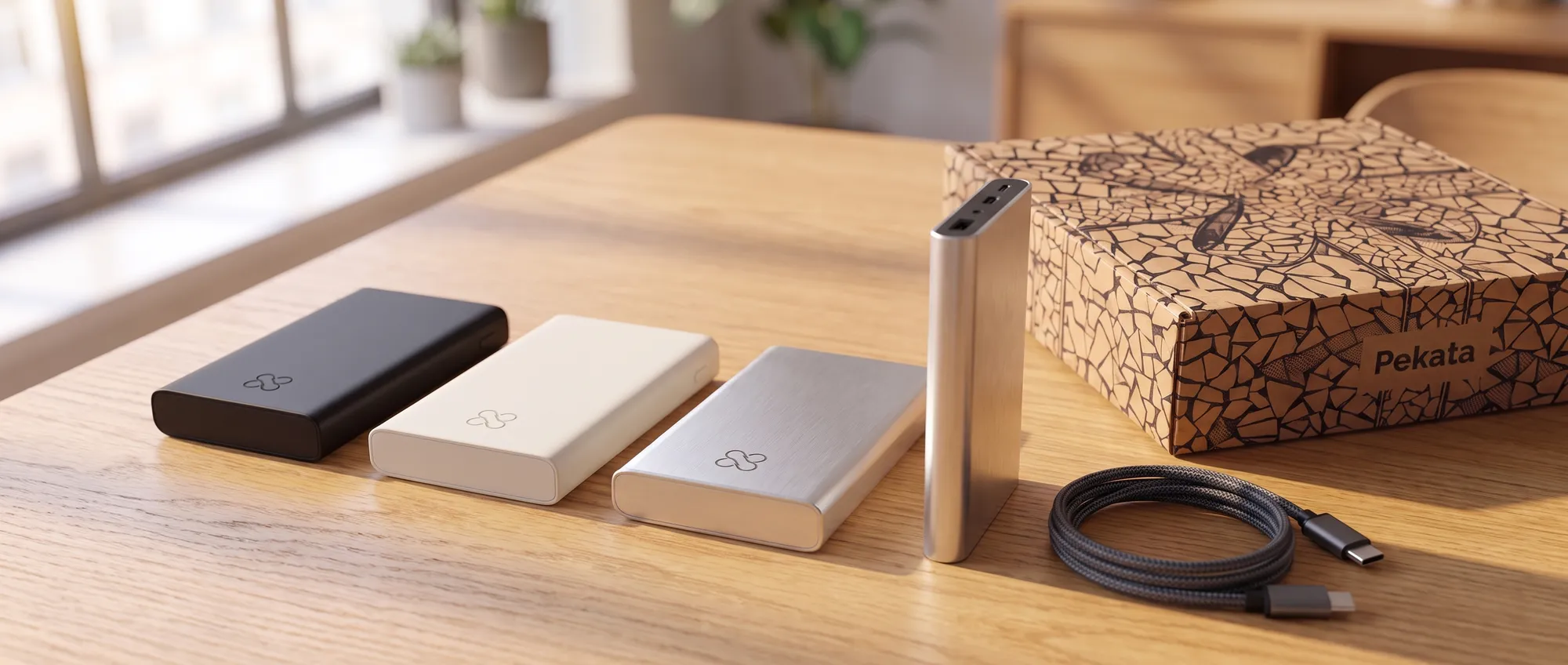 Power bank en aluminium avec logo d'entreprise gravé, à côté de son câble USB-C