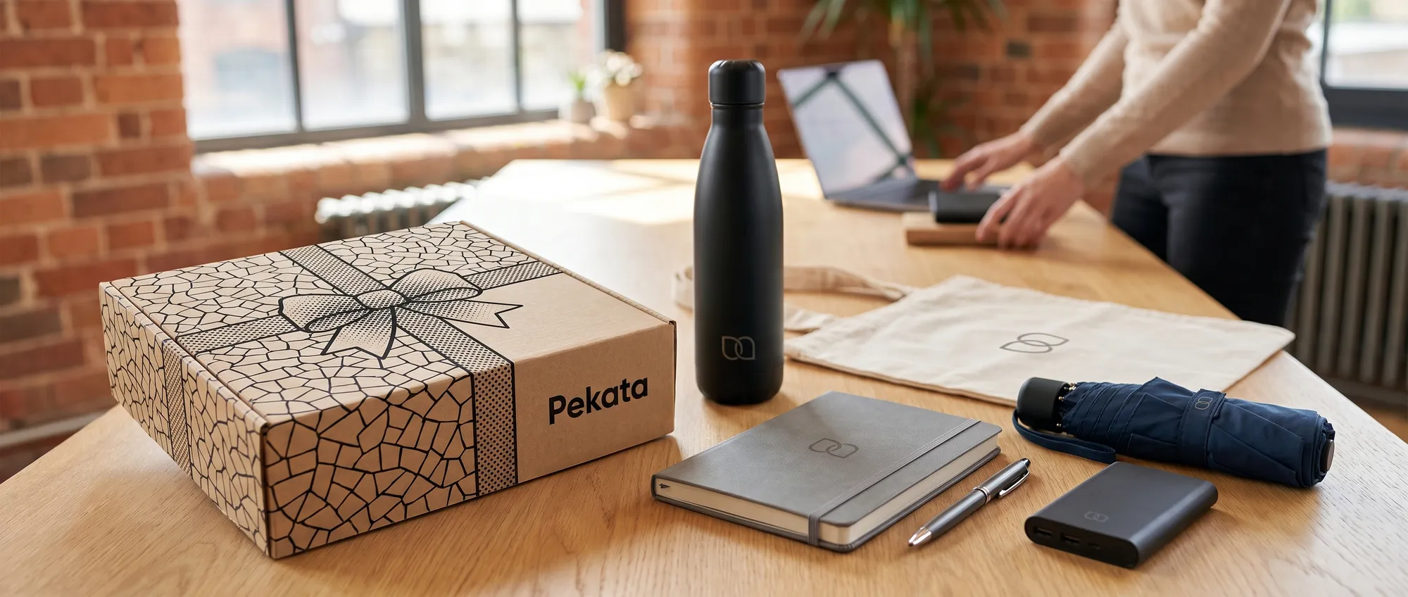 Sélection de cadeaux promotionnels avec le même logo sur une table de marketing à côté d'une boîte Pekata