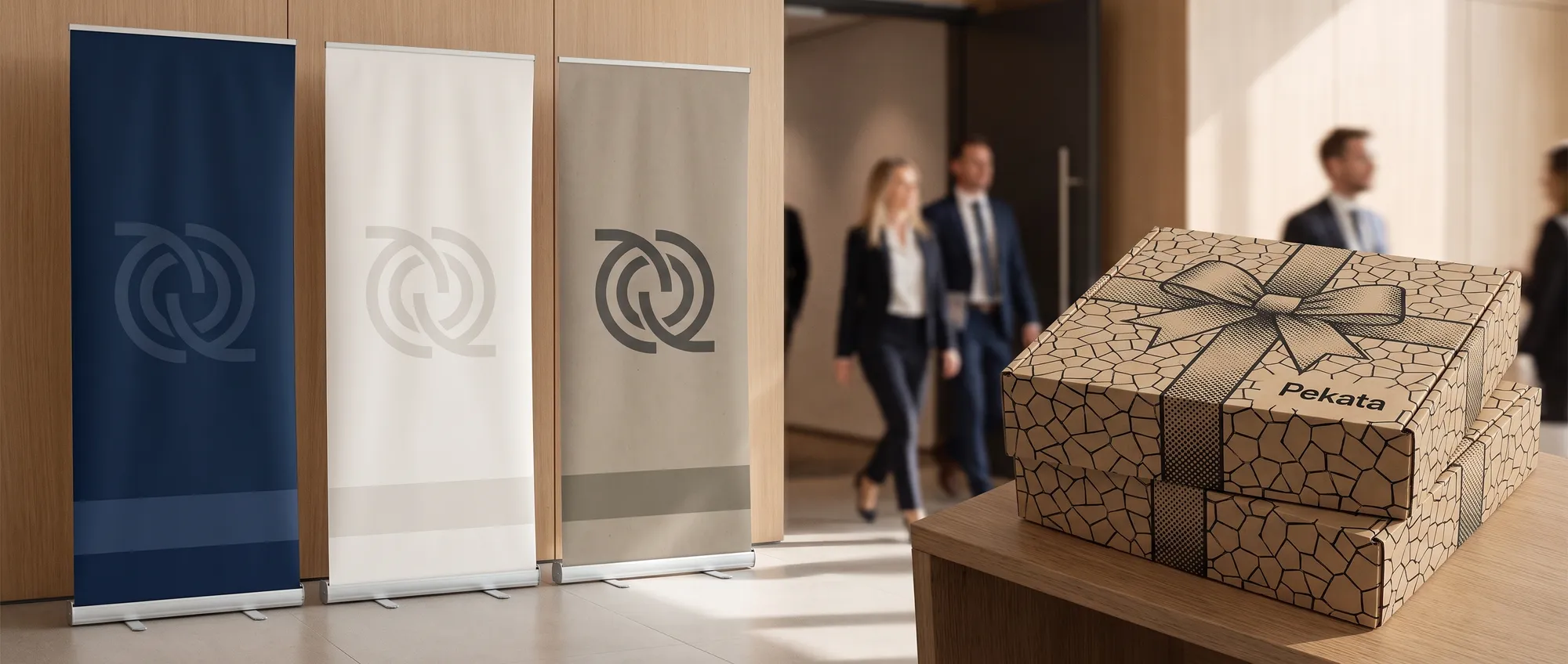 Roll up personnalisé de 85x200 cm avec le logo d'une entreprise, à côté d'un comptoir de salon