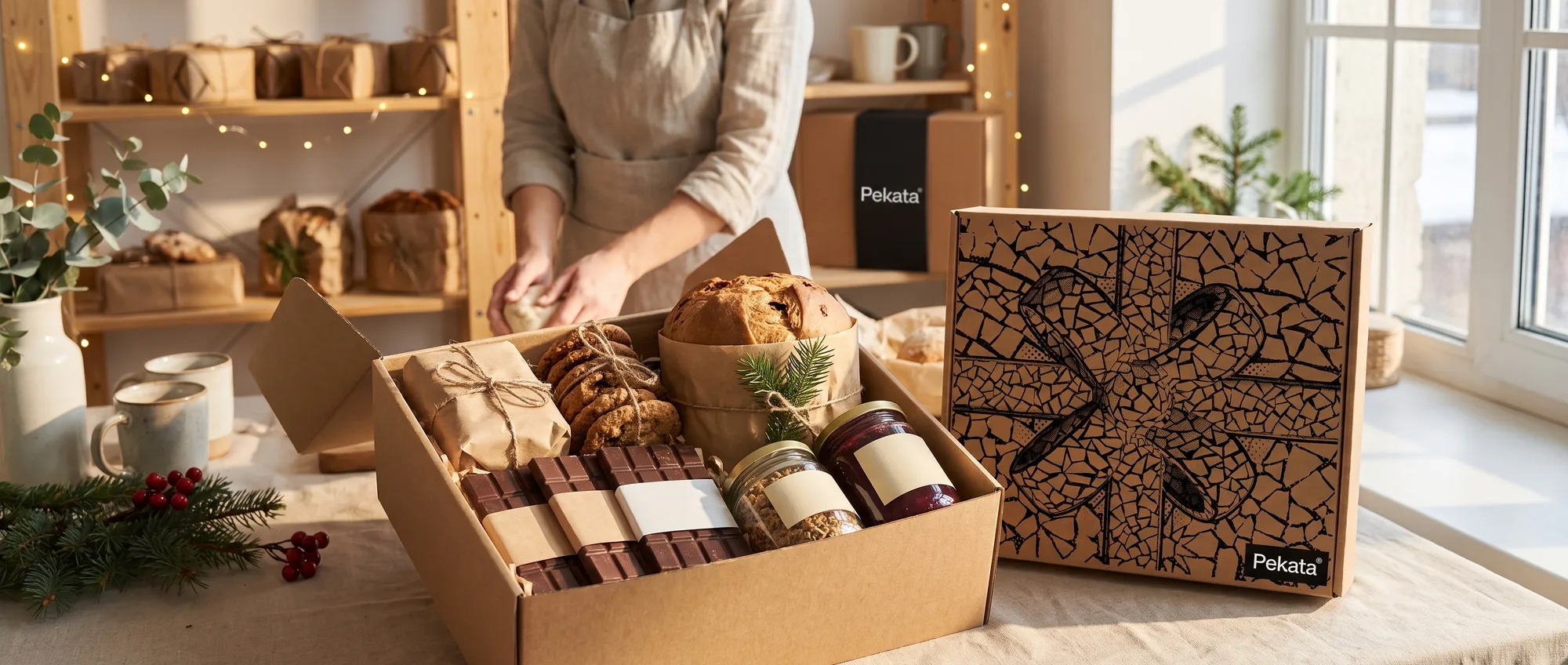Boîte de colis de Noël Pekata ouverte avec des douceurs artisanales emballées dans du papier kraft sur un comptoir lumineux