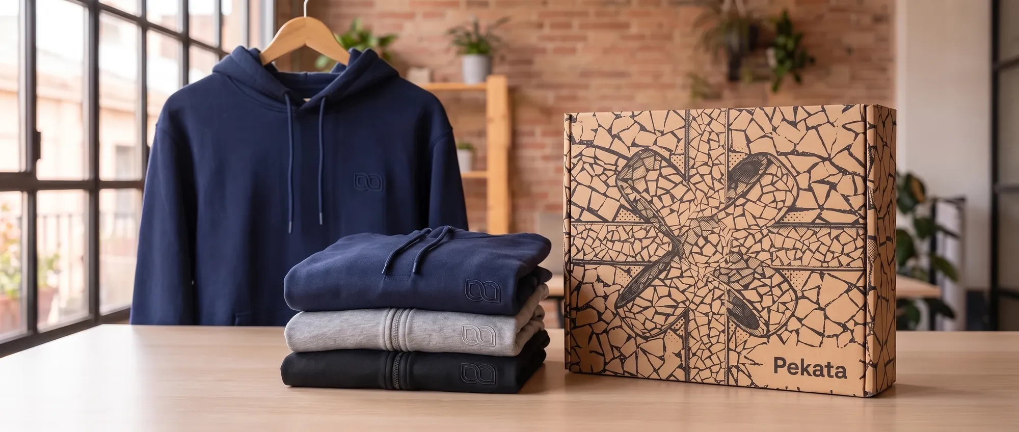 Heather grey hoodie with a company logo embroidered on the chest