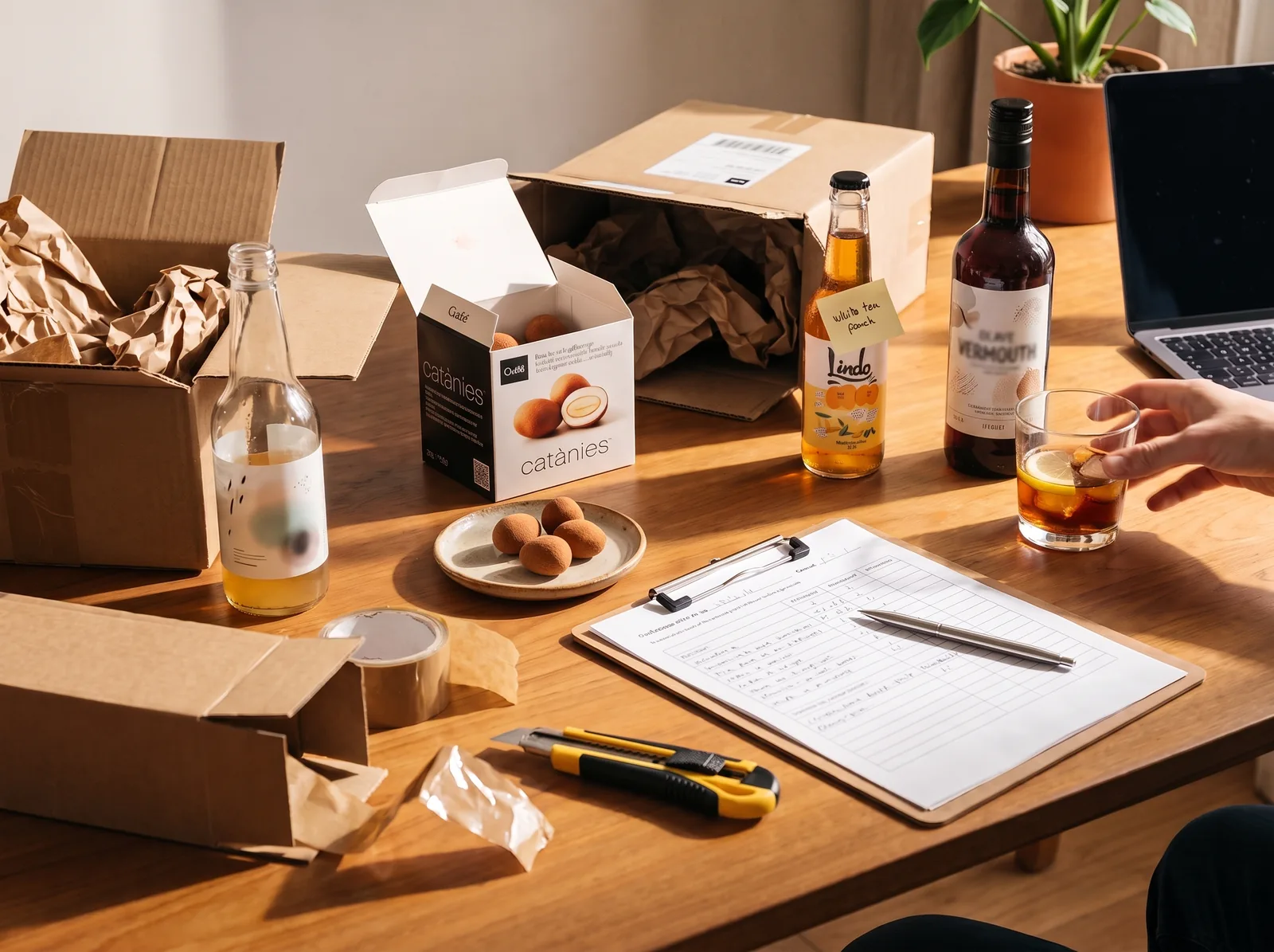 Table de réception d'échantillons avec des produits artisanaux et une fiche d'évaluation