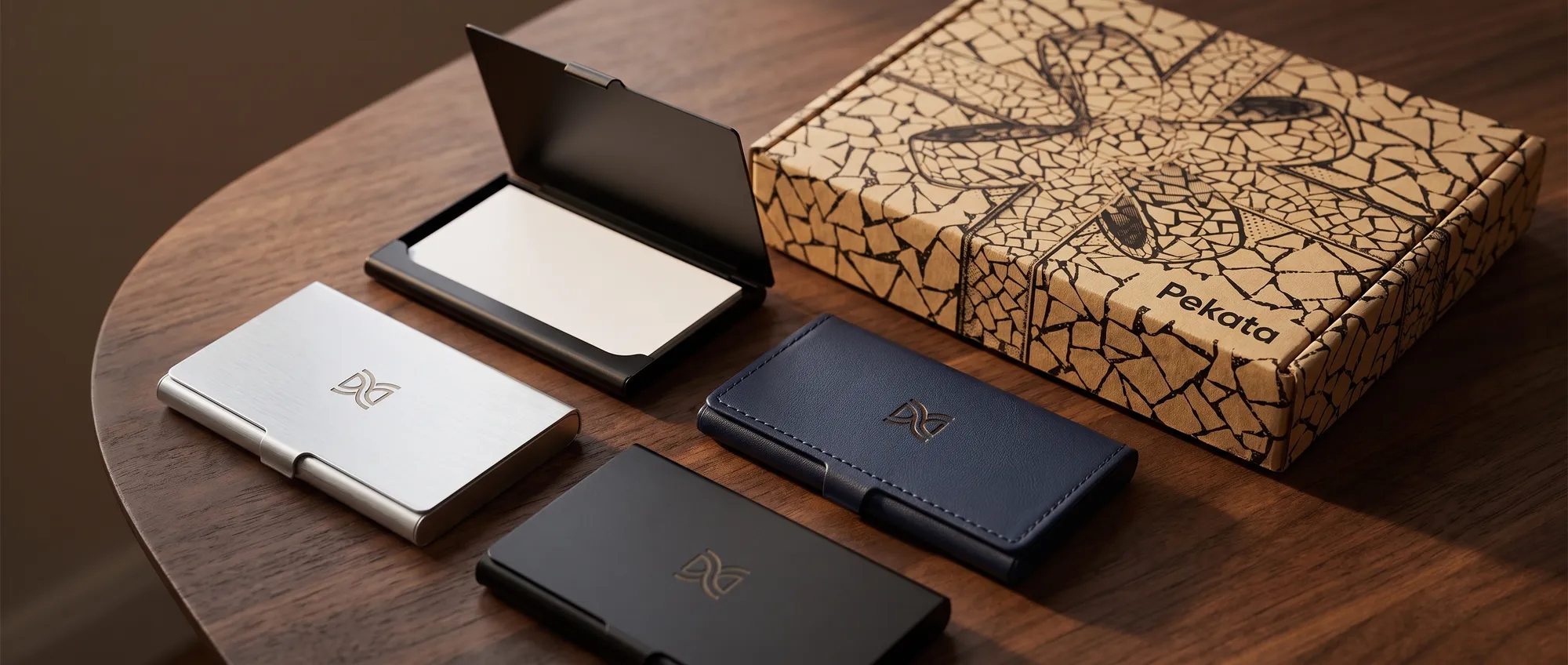 Porte-cartes en aluminium avec le logo d'une entreprise gravé au laser à côté de cartes de visite