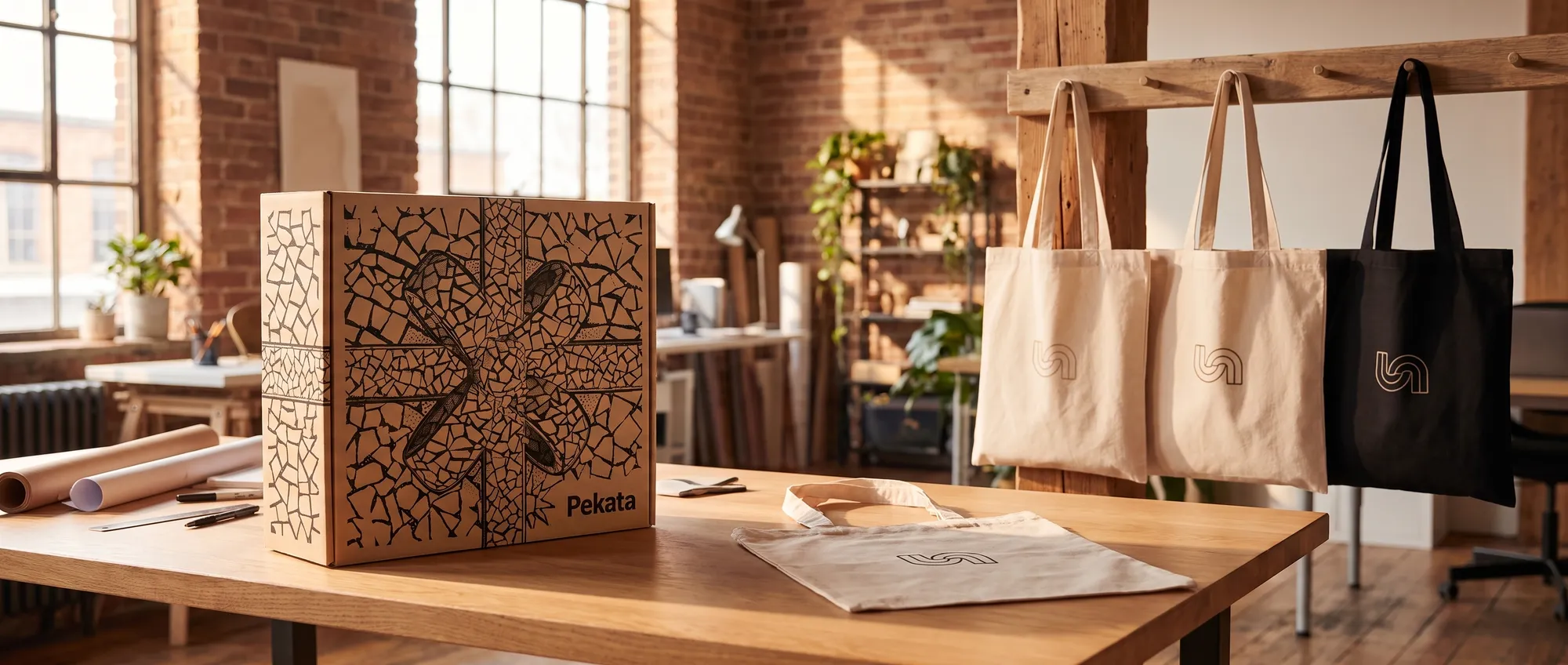 Custom fabric tote bags with a company logo screen printed on the front