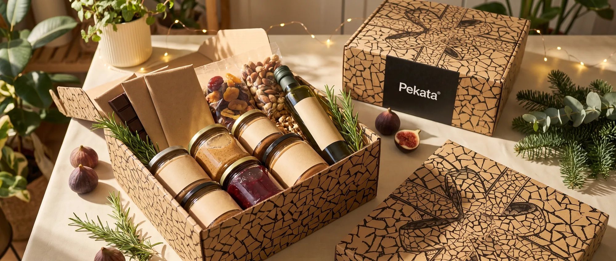 Boîte de colis de Noël Pekata ouverte avec conserves, chocolat et huile d'olive d'origine végétale sur une table claire